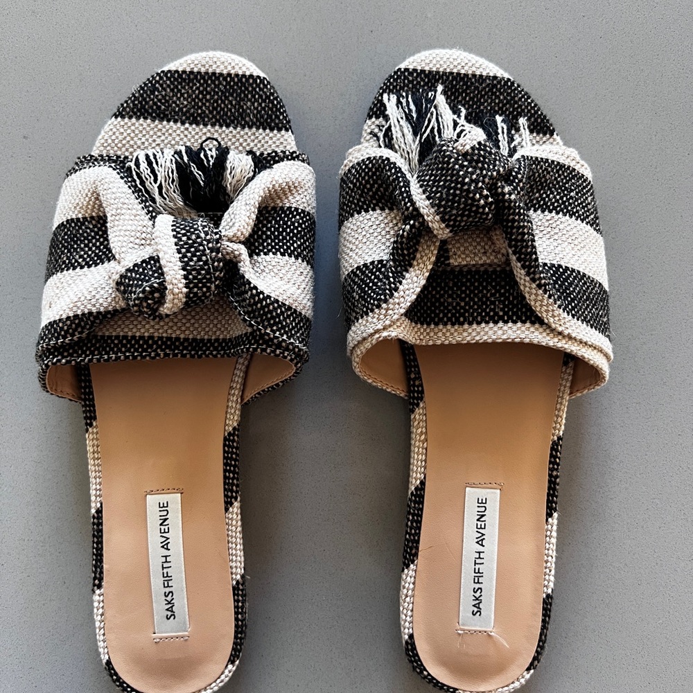 Saks Fifth Avenue Black and White Canvas tie Striped Sandals